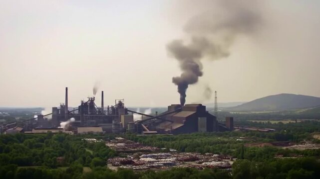 Smoke rises from an industrial facility nestled in the lush green hills, contrast between nature and industrialisation
