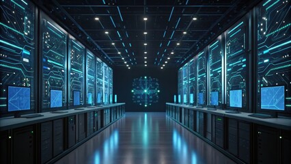 Futuristic data center with illuminated server racks and digital displays creating a high-tech atmosphere.