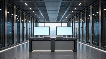 Modern server room featuring two monitors on a sleek desk, surrounded by rows of network hardware, emphasizing technology and data management.