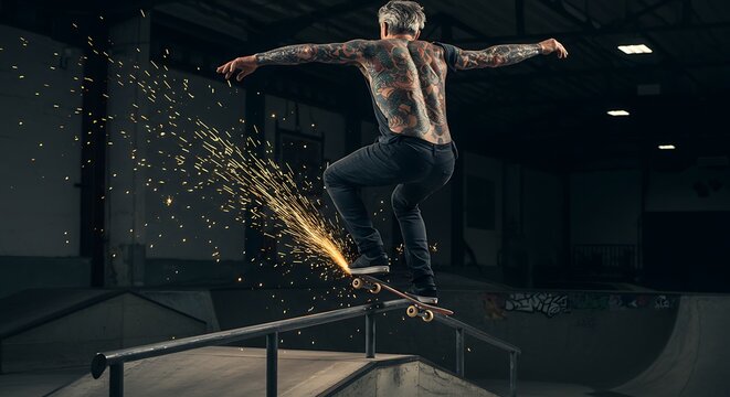 Cool Skateboarder in Mid-Air Grind Leaving Trailing Sparks - Powered by Adobe