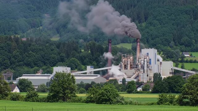 Smoke rises from an industrial facility nestled in the lush green hills, contrast between nature and industrialisation