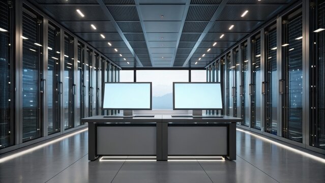 Modern server room featuring two monitors on a sleek desk, surrounded by rows of network hardware, emphasizing technology and data management.
