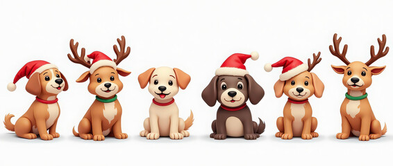 Obraz premium set collection of christas cute dogs with antler and santa claus hat isolated on white