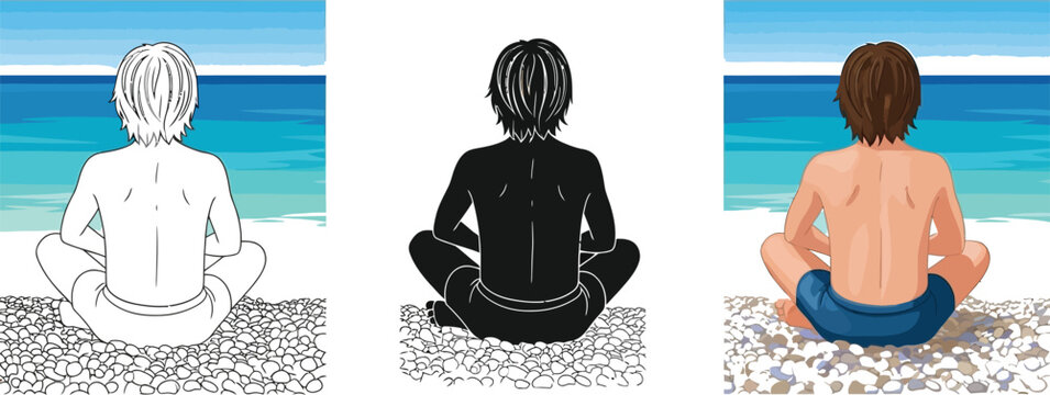 Three illustrations showcase a young man sitting in a meditative pose on a pebble beach, gazing out at the ocean, depicted in line art, silhouette, and full color.