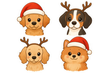 Fototapeta premium set collection of christas cute dogs with antler and santa claus hat isolated on white