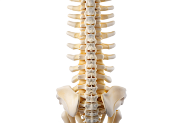 Human lumbar spine anatomy model with pelvis isolated on transparent background