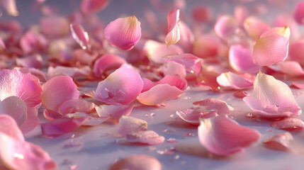 Fototapeta premium Falling pink rose petals scattered across light surface image