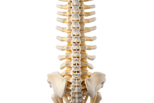 Human lumbar spine anatomy model with pelvis isolated on transparent background