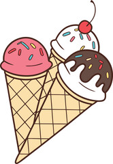 Vector illustration of a colorful ice cream cone with scoops and a waffle cone