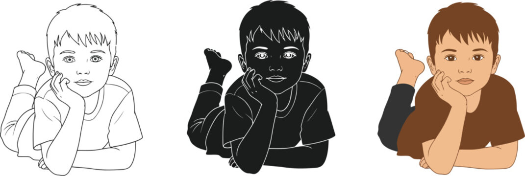 Three versions of a young boy lying down are showcased, one in outline, one in silhouette, and one in color, perfect for educational resources or creative projects.