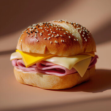 A modern, stylized Romanian sandwich with soft pink parizer (bologna-style meat paste), smooth mustard, and an unmelted slice of yellow cheese, inside a fresh sesame-topped kaiser bun. The parizer has