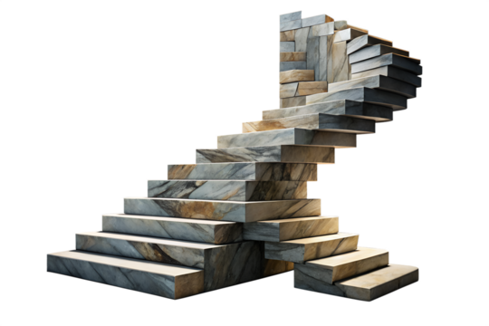 Abstract stone staircase curving upwards against a dark background isolated on transparent background
