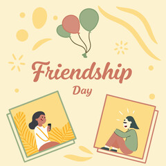 Minimalist Friendship Day Illustration with Cartoon Friends and Balloons
