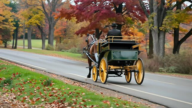 Old-fashioned horse-drawn carriage in a park, its wooden wheels a vintage mode of transport  High-quality horizontal HD video footage 