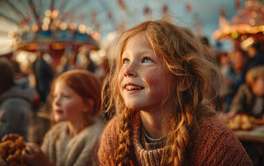 Obraz premium Close-up of children enjoying the Ould Lammas Fair, eating yellowman candy, faces lit with joy and wonder, wind in their hair, traditional fair rides blurred in the background