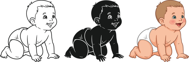 Three adorable cartoon babies crawl happily, showcased in line art, silhouette, and full color, perfect for illustrating early childhood development and baby care products.