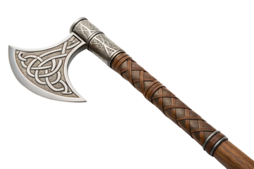 Ornate viking battle axe with intricate knotwork design isolated on transparent background