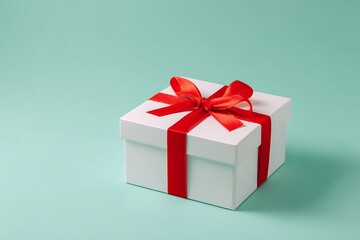 Obraz premium Elegant white gift box with vibrant red ribbon against a light teal backdrop