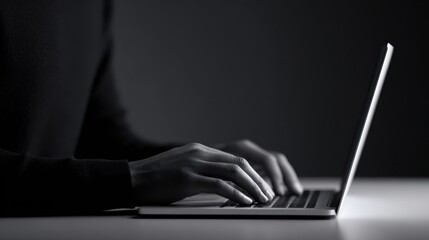 Hands typing on a laptop keyboard in a darkened room, illuminated by the screen's light, focused on work.