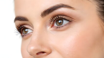 Obraz premium Close-up of a woman's face, highlighting her eyes and eyebrows, with a soft, natural look.