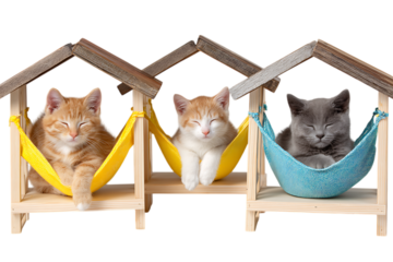 Three kittens napping peacefully in their tiny hammocks.