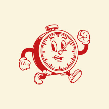 Retro Cartoon Stopwatch Mascot Character Running Happily