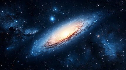 Obraz premium A spiral galaxy with stars and dust against a dark blue space background.