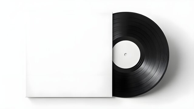 Mockup Blank vinyl record sleeve and black record, isolated on white background.