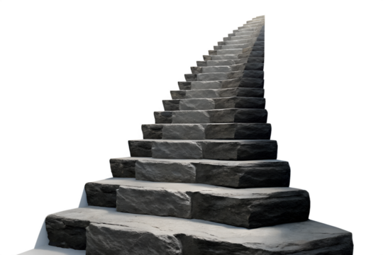 Stone staircase ascending towards a bright light isolated on transparent background