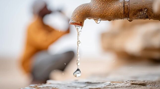 Water scarcity issues highlighted by dripping faucet in arid region, with blurred worker in background