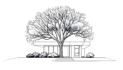 Architectural Sketch of Modern House with Large Tree