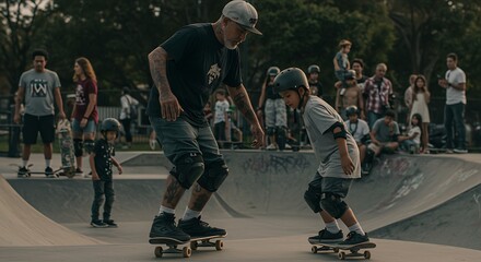 Skateboard Coach Showing Technique to Kid at Urban Skatepark