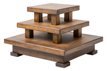 Rustic wooden tiered display stand with three levels isolated on transparent background