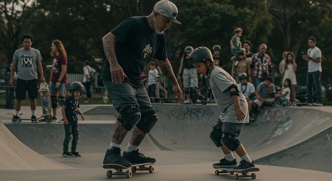Skateboard Coach Showing Technique to Kid at Urban Skatepark