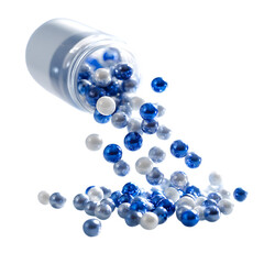 Blue and white spheres spill from a jar.