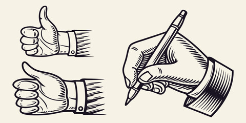 Set of vintage hand vector icons. Engraving style black and white graphic illustrations of thumbs up and writing hand with pen for business, communication, and creative design projects.