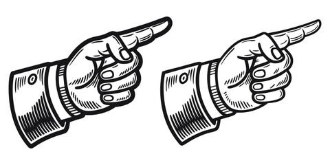 Set of vintage pointing hand vector icons. Engraving style black and white graphic illustration of an arm with finger pointing left and right for directions, labels, or signs.