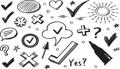 Black and white hand drawn doodle icons checkmarks question marks sun speech bubble and yes text check mark