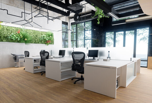 Empty modern office with green living wall and white desks. Contemporary workspace interior design for business. Biophilic concept.