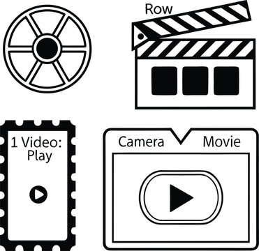 Black and white icons for film production including film reel clapperboard play button and ticket film reel icon