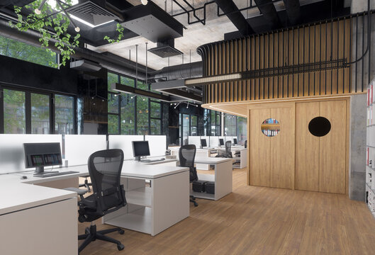 Modern office space with empty desks and computers. Contemporary workspace for business and productivity.