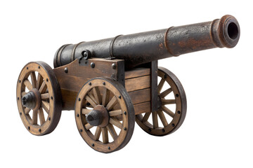 Antique wooden cannon with metal barrel and wheels isolated on transparent background