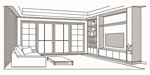 Modern living room interior line art vector illustration. Cozy home design with sofa, coffee table, TV wall unit, and large window. Architectural drawing for home decor and renovation concepts.