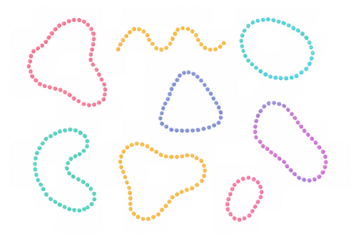 Vibrant dotted lines weaving dynamic geometric patterns across transparent backdrop, generating whimsical graphic design composition