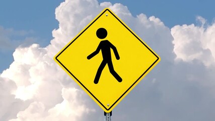 Yellow road traffic sign, pedestrian crossing sign, having a silhouette person walking isolated on the blue sky and white clouds moving background.