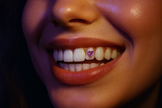Radiant smile showcasing a dazzling heart shaped tooth gem on a tooth