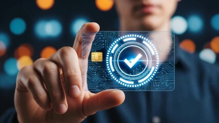 Man holding a futuristic credit card with a glowing blue circuit board and checkmark - Powered by Adobe