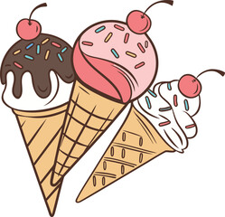 Vector illustration of a colorful ice cream cone with scoops and a waffle cone