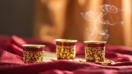 Traditional Arabic coffee cups with gold designs, steam rising against saffron fabric, warm and festive.

