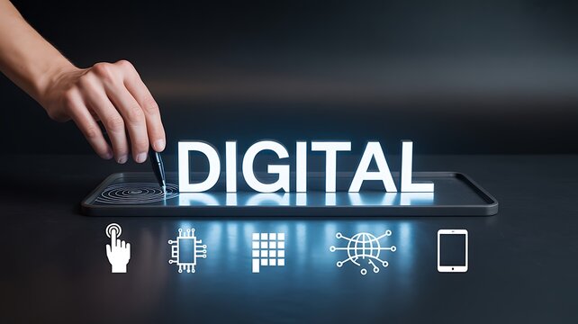 Innovative Digital Transformation Hand Touching Tablet with Tech Icons, Embracing Modern Technology for Business Growth and Connectivity, Navigating the Future with Digital Solutions for Global Reach